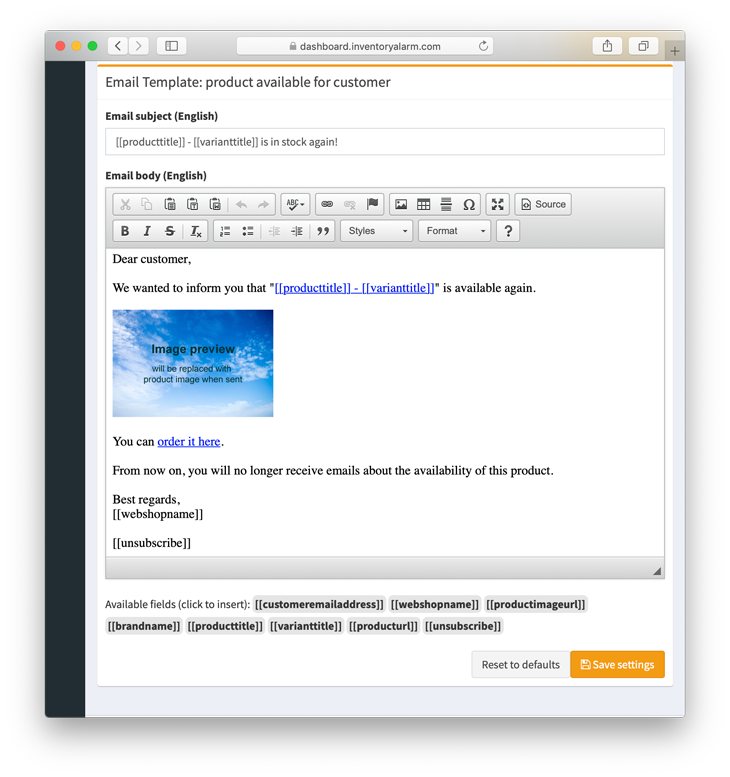 Inventory Alarm e-mail editor